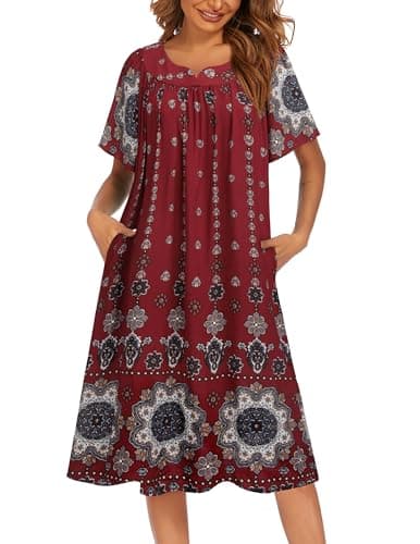 Ekouaer Womens Flower Print Nightgown Short Sleeve House Dress with Pockets