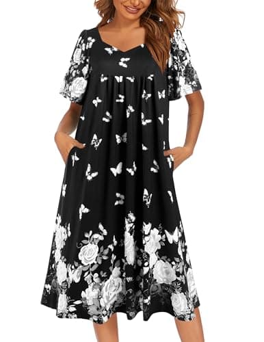 Ekouaer Women's Pleated Nightgown - Short Sleeves & Pockets