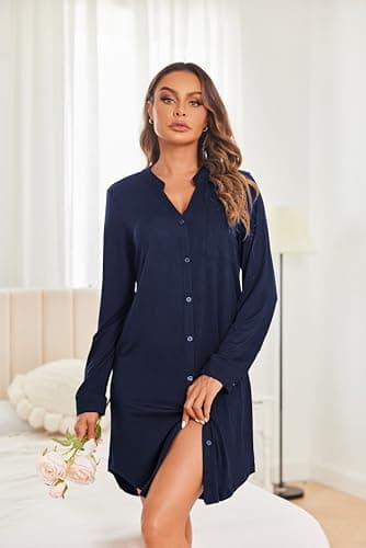 Ekouaer Women's Long Sleeve V-Neck Nightgown
