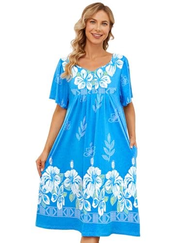 Womens House Dresses with Pockets - Moo Moo Nightgown Short Sleeve Mumu Dress Lounge Dress S-3XL