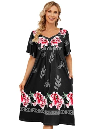 Womens House Dresses with Pockets - Moo Moo Nightgown Short Sleeve Mumu Dress Lounge Dress S-3XL
