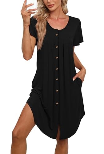 BestShow Women's Button Down Nightgown with Pleated Front & Hand Pockets