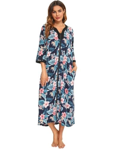 Bloggerlove Soft Cotton Zip Up Robes for Women Night Gown Long House Coat Half Sleeve Sleepwear