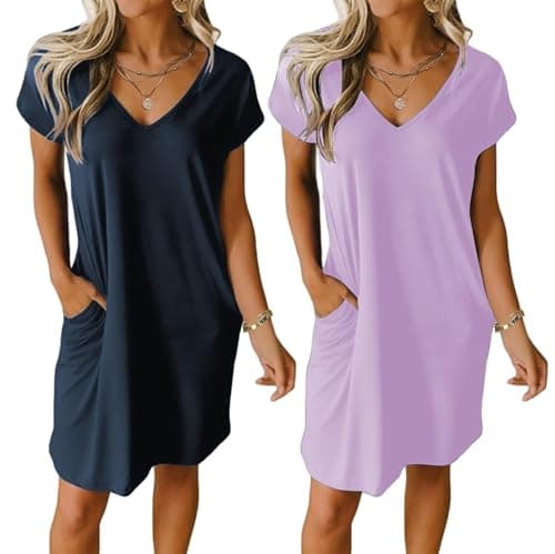 Ekouaer Womens V Neck Short Sleeve Nightgown with Pockets Plain/Floral
