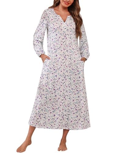 Marvmys Women's Cotton Long Sleeve Nightgown with Pockets