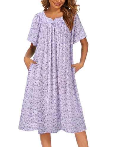Ekouaer Womens Flower Print Nightgown Short Sleeve House Dress with Pockets