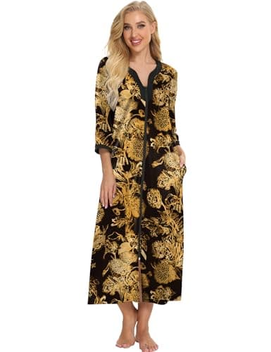 Bloggerlove Soft Cotton Zip Up Robes for Women Night Gown Long House Coat Half Sleeve Sleepwear