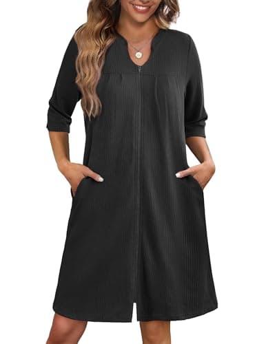 Ekouaer Women's 3/4 Sleeve Waffle Knit Zipper Bathrobe with Pockets S-3XL