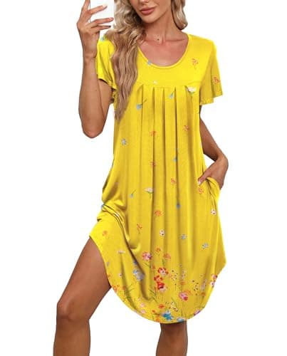 Bestshow Women's Pleated Front Loose Fit Short Sleeve Nightgown with Hand Pockets (S-5XL)