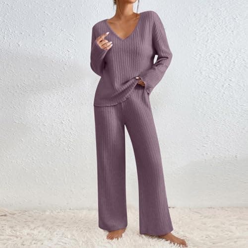 TIGENA Women's Ribbed Long Sleeve Sweater & Wide Leg Pants Lounge Set