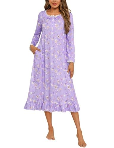 Marvmys Womens Long Sleeve Cotton Nightgown with Lace Trim and Pockets