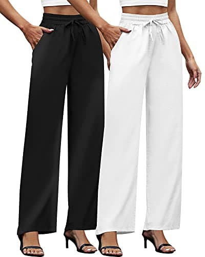 Ficerd Women's Cotton Linen High-Waisted Wide Leg Pants with Pockets