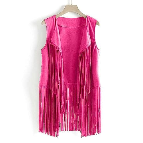 Pink Fringe Leather Vest Jacket - Faux Suede, Open Front Coat