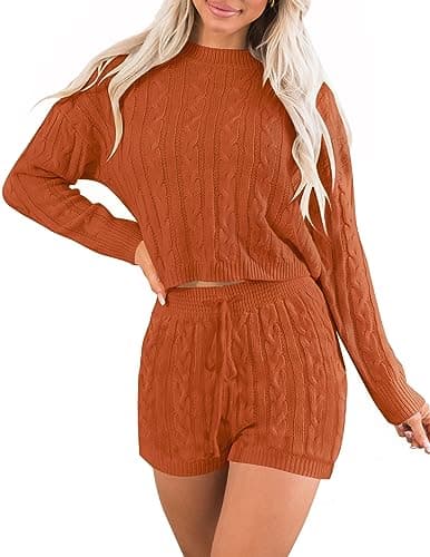 ZESICA Women's Casual Sweater Sets - Long Sleeve Cable Knit Tops and Drawstring Shorts