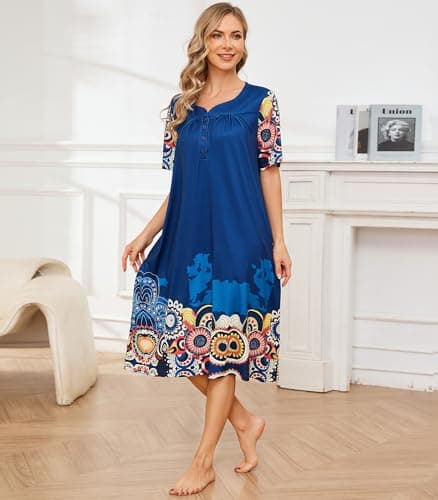 Flightbird Women's Short Sleeve Pockets Floral Print Nightgown