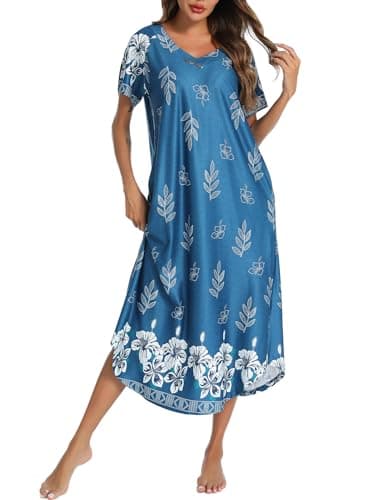 YOZLY Soft V-Neck Short Sleeve Nightgowns for Women with Pockets