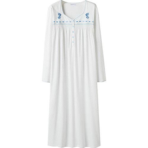 Soft Cotton Embroidered Long-Sleeve Nightdress for Women by Keyocean