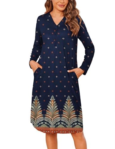 Ekouaer Women's Long Sleeve Nightgown with Pockets