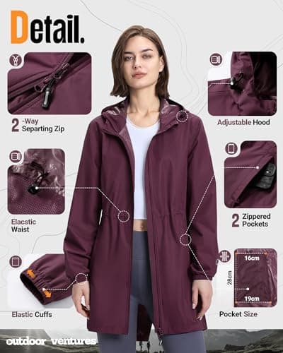 Outdoor Ventures Women's Waterproof Packable Long Rain Jacket With Hood