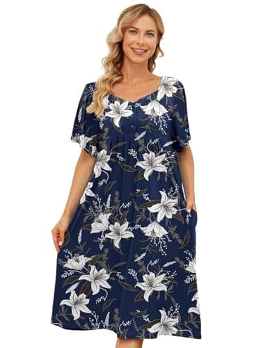 Womens House Dresses with Pockets - Moo Moo Nightgown Short Sleeve Mumu Dress Lounge Dress S-3XL