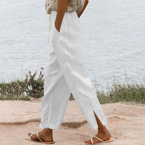 High Waisted Elastic Drawstring Linen Pants for Women Beach Casual Wide Leg Pockets
