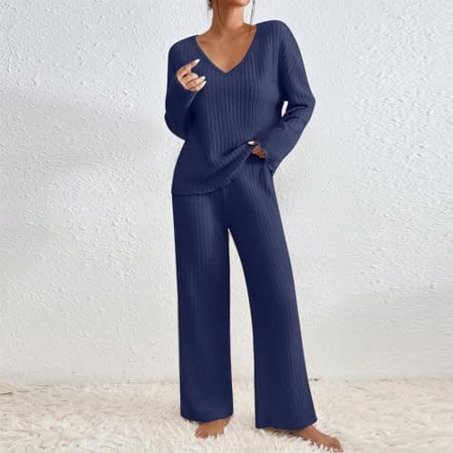 TIGENA Women's Ribbed Long Sleeve Sweater & Wide Leg Pants Lounge Set