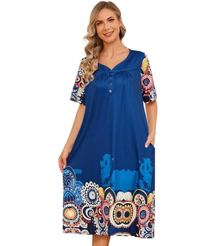 Flightbird Women's Short Sleeve Pockets Floral Print Nightgown