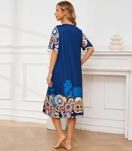 Flightbird Women's Short Sleeve Pockets Floral Print Nightgown