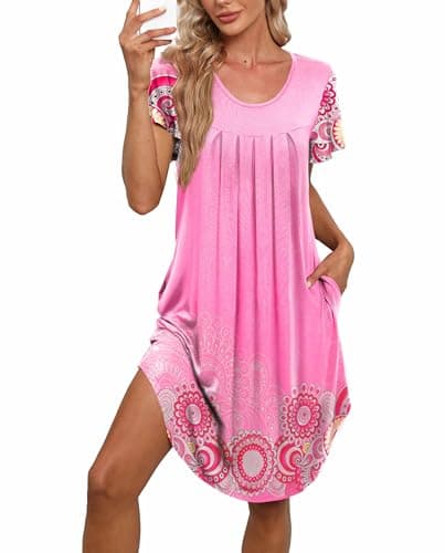 Bestshow Women's Pleated Front Loose Fit Short Sleeve Nightgown with Hand Pockets (S-5XL)