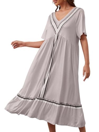 CRIPOM Women's Pocketed V-neck Nightgown with Floral Print S-3XL