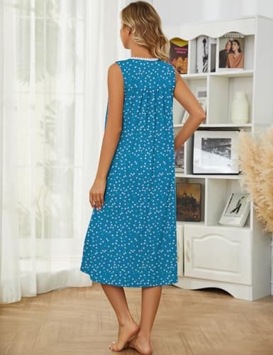 Bloggerlove Women's Sleeveless Nightgown with Pockets and Button Down Design