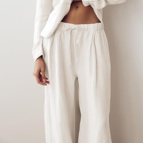 Ainangua Women's Linen Palazzo Pants with Elastic Drawstring Waist