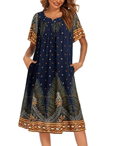 Ekouaer Womens Flower Print Nightgown Short Sleeve House Dress with Pockets