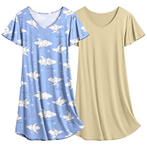 Ekouaer Women's Flare Short Sleeve V-Neck Nightgown 2-Pack S-2XL