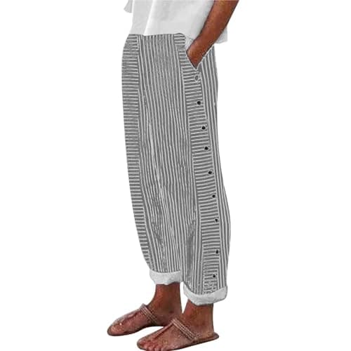 Trendy Women's Casual Linen Pants with Side Buttons and Pockets