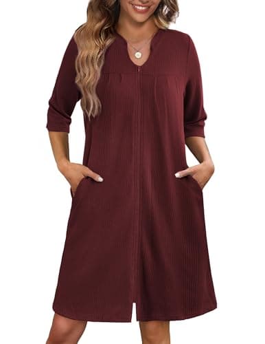 Ekouaer Women's 3/4 Sleeve Waffle Knit Zipper Bathrobe with Pockets S-3XL