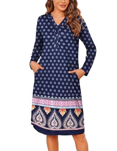 Ekouaer Women's Long Sleeve Nightgown with Pockets