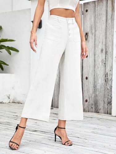 Famulily Women's Linen Button Down Wide Leg Cropped Pants with Pockets