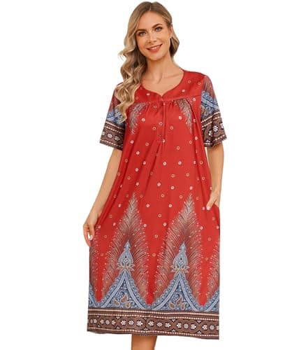 Flightbird Women's Short Sleeve Pockets Floral Print Nightgown