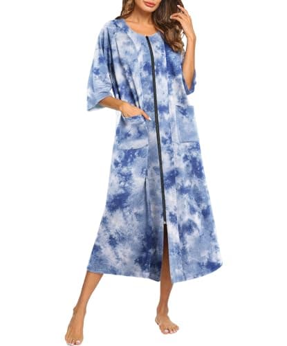 Ekouaer Women'sZipper 3/4 Sleeve Housecoat with Pockets