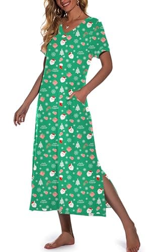 PrinStory Women's Soft V-Neck Long Nightgown with Pockets