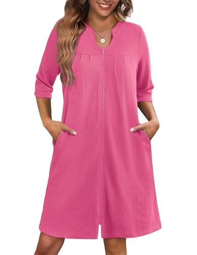 Ekouaer Women's 3/4 Sleeve Waffle Knit Zipper Bathrobe with Pockets S-3XL