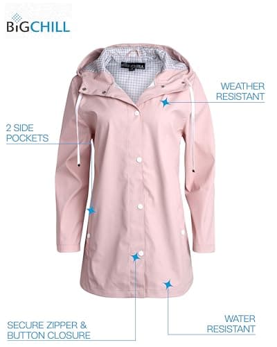 Big Chill Womens Lightweight Waterproof Rain Coat - Hooded Slicker Jacket (S-XL, 1X-3X)