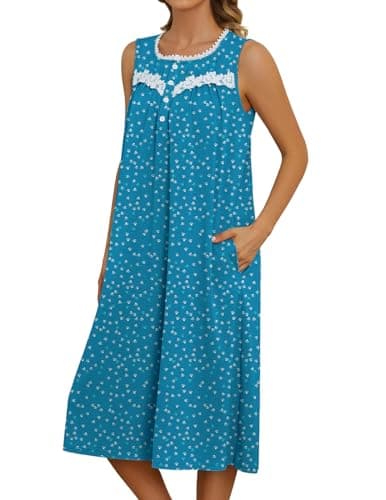 Bloggerlove Women's Sleeveless Nightgown with Pockets and Button Down Design