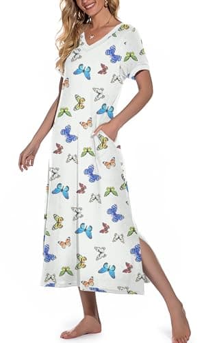 PrinStory Women's Soft V-Neck Long Nightgown with Pockets