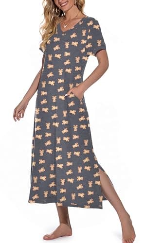 PrinStory Women's Soft V-Neck Long Nightgown with Pockets