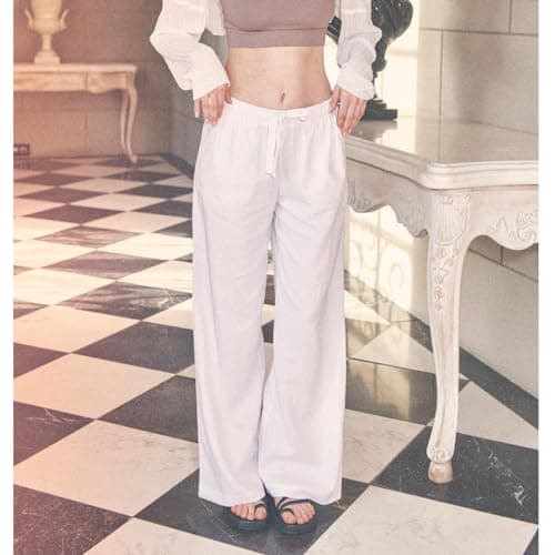 Elastic Waist Drawstring Palazzo Pants for Women AIWPSTOIN Linen Summer Beachewear
