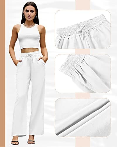 Ficerd Women's Cotton Linen High-Waisted Wide Leg Pants with Pockets