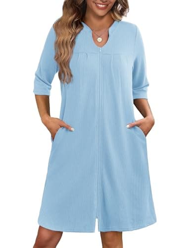 Ekouaer Women's 3/4 Sleeve Waffle Knit Zipper Bathrobe with Pockets S-3XL