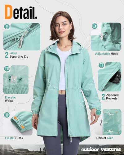 Women's Outdoor Waterproof Long Rain Coat With Hood Windproof Jacket